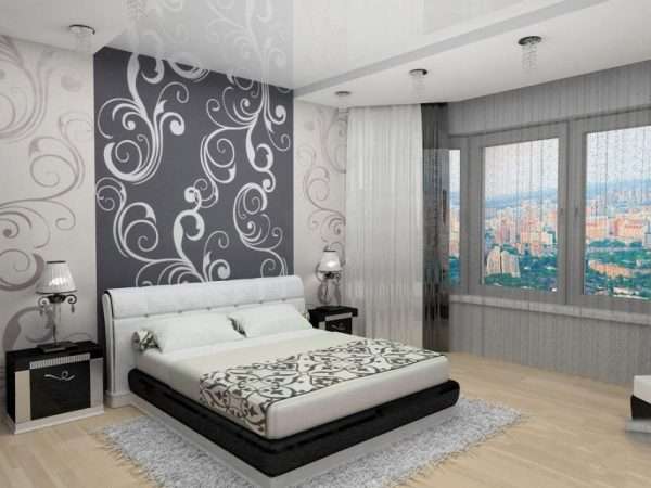 Обои с крупным рисунком в спальне в стиле минимализм