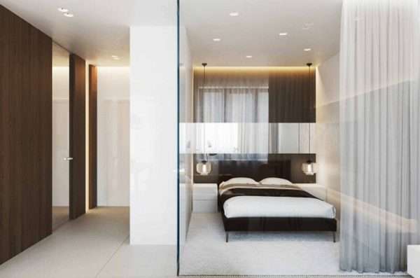 Дизайна маленькой спальни без окна со стеклянной перегородкой 