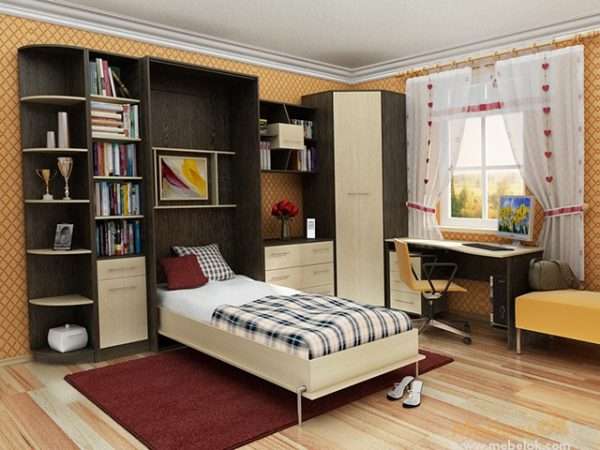 Дизайн интерьера маленькой спальни с кроватью трансформером
