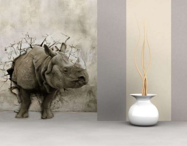 3d обои носорог в интерьере гостиной