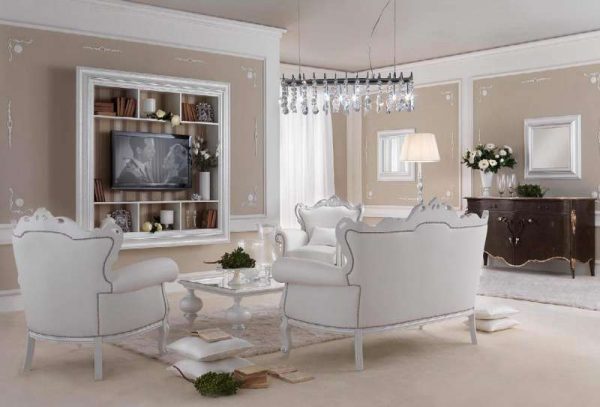дизайн гостиной с белой мебелью гламур