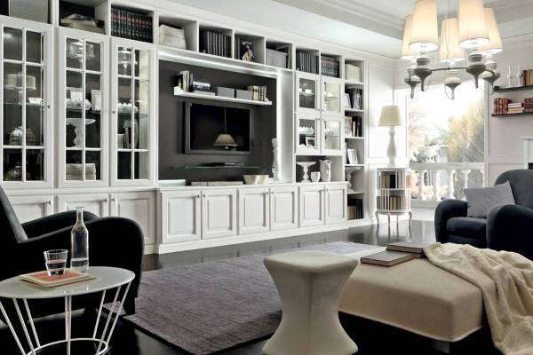 белая мебель в сочетании с серым цветом в гостиной 
