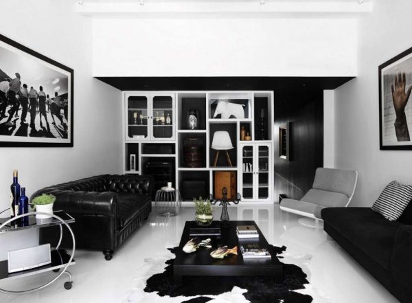 модульная стенка мебельная в черно-белой гостиной
