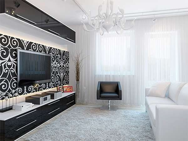 белая гостиная в интерьере гостиной с чёрной мебелью