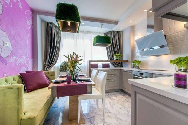 дизайн кухни гостиной 13 кв.м. с фиолетовым цветом стен