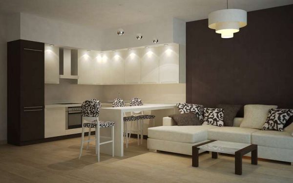 дизайн кухни гостиной 13 кв.м с встроенным освещением