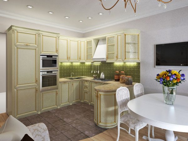 дизайн кухни гостиной 13 кв.м с зонированием по цвету