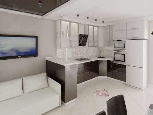 белая мебель в интерьере кухни гостиной 14 кв. м.