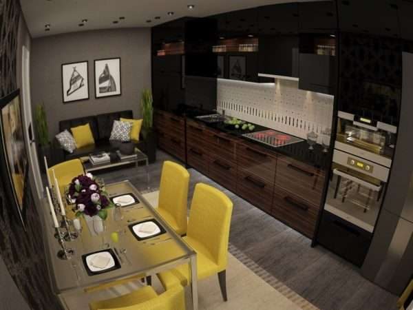 сочетание жёлтого и чёрного в интерьере кухни гостиной 14 кв. м.