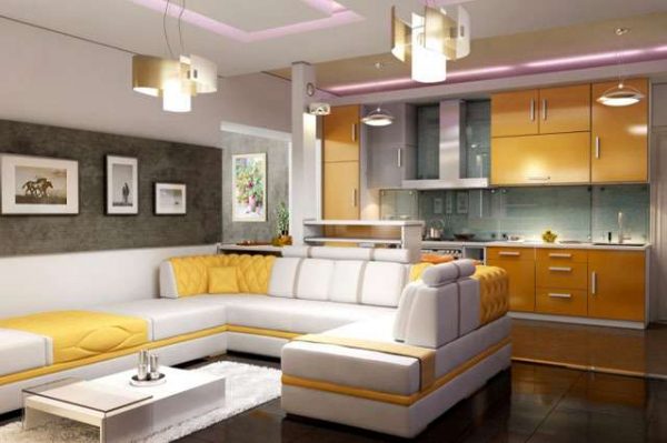 дизайн жёлтой гостиной совмещённой с кухней 