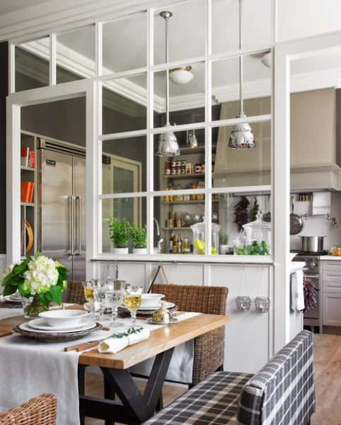 Дизайн кухни гостиной с зонированием с помощью перегородки