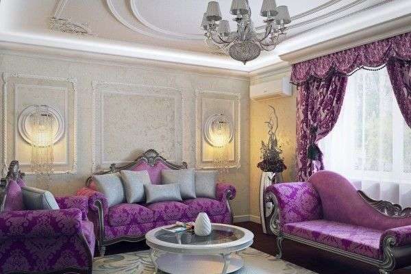 фиолетовые шторы в интерьере гостиной в классическом стиле