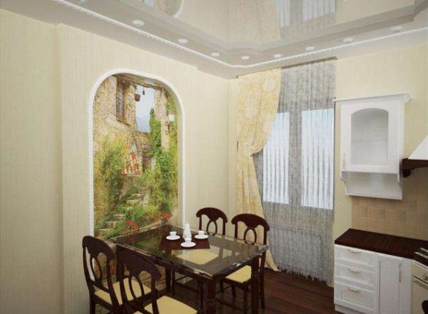 фреска в интерьере гостиной с аркой