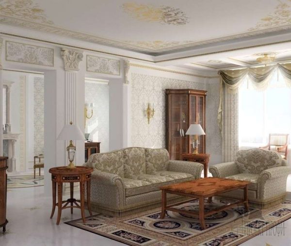 Интерьер гостиной выполнен в классическом стиле