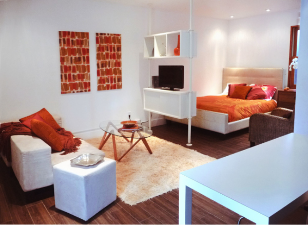 оранжевый и белый в интерьере спальни гостиной