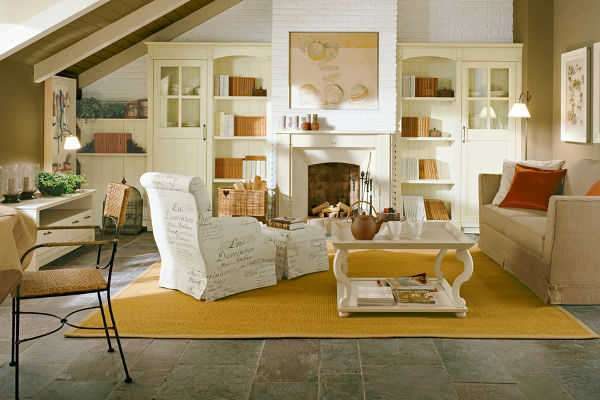 жёлтый ковёр в интерьере гостиной в стиле прованс