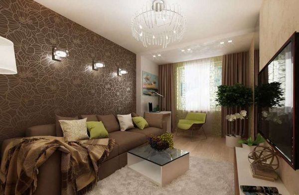 красивый и удобный диван в интерьере гостиной-спальни 18 кв.метров