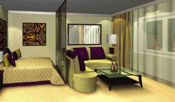 оливковый и фиолетовый цвета в интерьере гостиной спальни 18 кв. метров