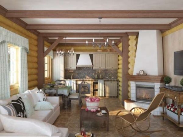гостиная в деревянном доме с белым потолком