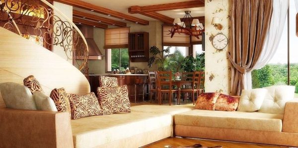 бежевый угловой диван в интерьере гостиной в стиле кантри