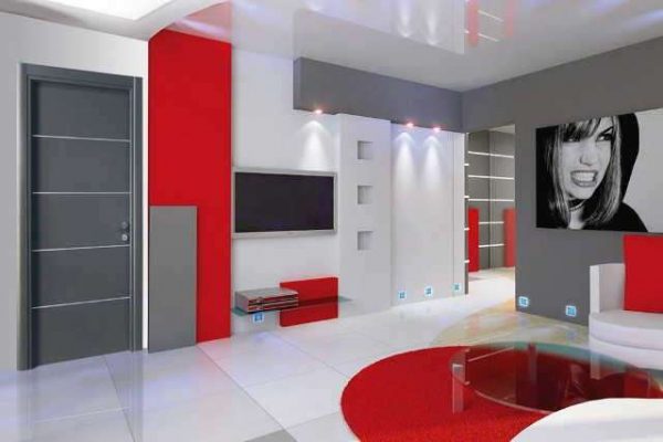 красная модульная стенка в гостиной в стиле минимализм