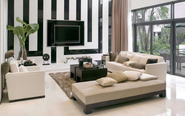чёрно-белые стены в интерьере гостиной в стиле модерн