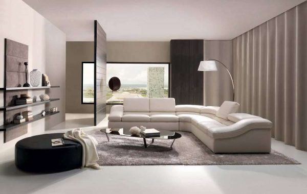 угловой белый диван в интерьере гостиной в стиле модерн