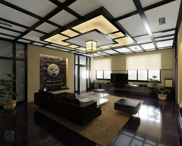 многоуровневый потолок в интерьере гостиной в японском стиле