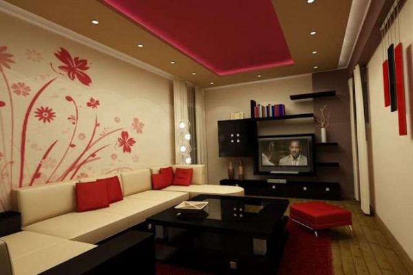 красный, бежевый и чёрный в интерьере гостиной в современном стиле