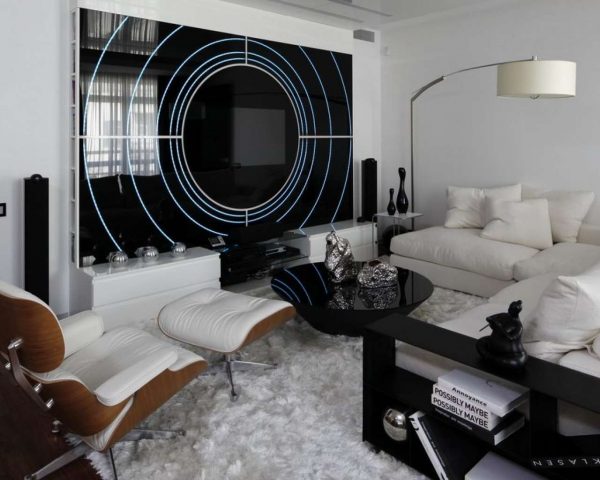 Мебель в интерьере гостиной в техно стиле