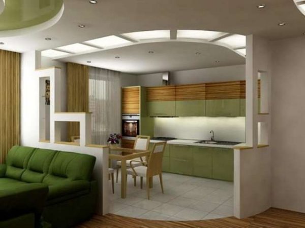 зелёный интерьер кухни гостиной 15 кв.м