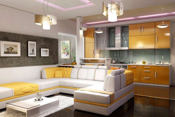 зонирование с помощью дивана в интерьере кухни-гостиной 30 кв. метров