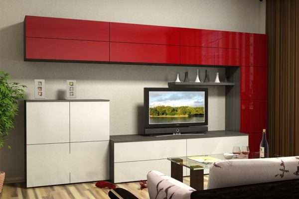 красно-белая современная модульная стенка с гладкими фасадами в интерьере гостиной