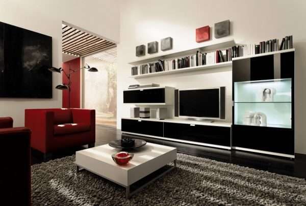 чёрно-белая современная модульная стенка в интерьере гостиной