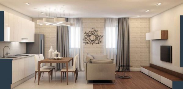 шторы в интерьере гостиной в минималистическом стиле