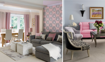 Сочетание серого и розового цветов в гостиной
