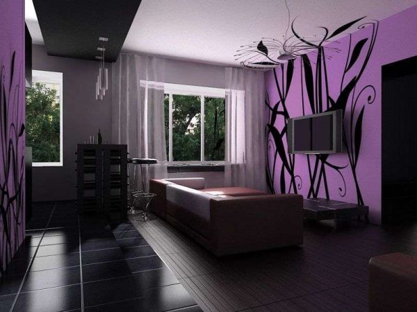 Сочетание чёрного и фиолетового цветов в интерьере гостиной