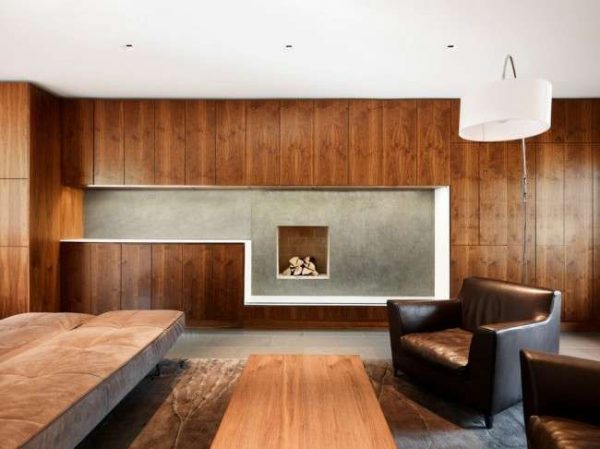 мебельная стенка из дерева в интерьере гостиной 