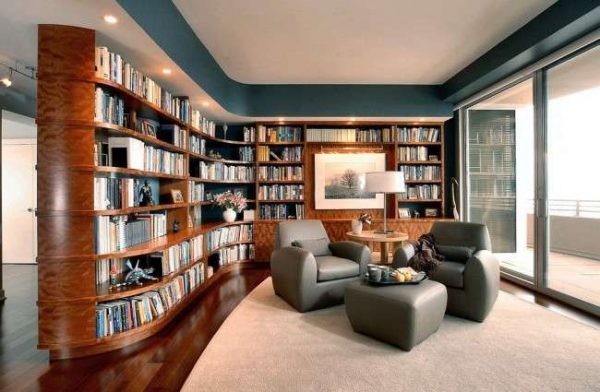 мебельная стенка с библиотекой в интерьере гостиной
