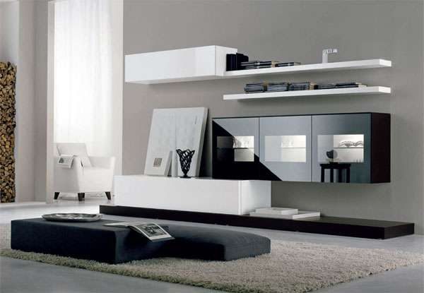 белая мебельная стенка в интерьере гостиной с навесными шкафами