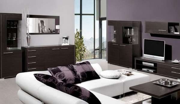 коричневая мебельная стенка в интерьере гостиной