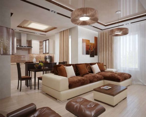 угловой коричневый диван в интерьере гостиной