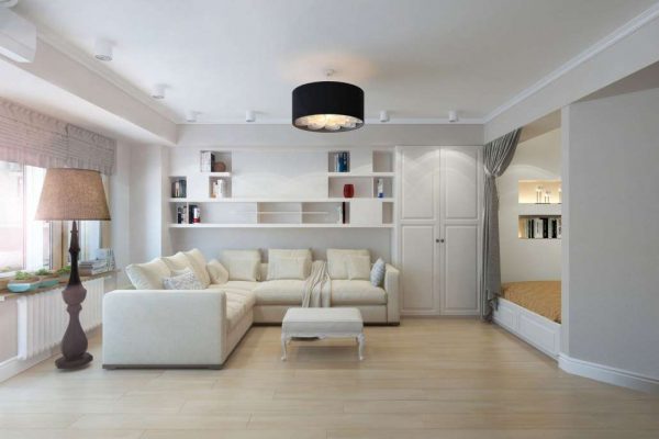 белый угловой диван в интерьере гостиной