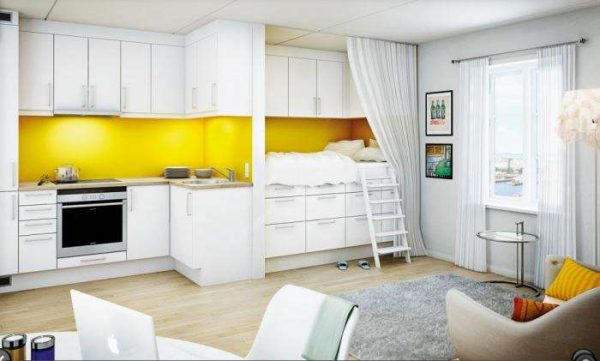 зонирование мебелью в интерьере кухни гостиной 20 кв. метров со спальным местом
