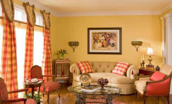 оранжевый цвет стен в интерьере гостиной очень подходит для домов