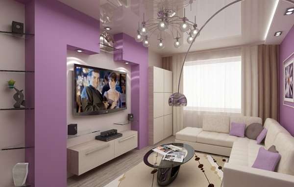 фиолетовый цвет стен в интерьере гостиной