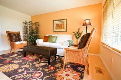 оранжевый цвет стен в интерьере гостиной