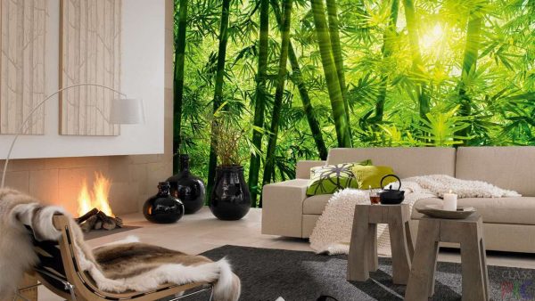 фотообои с изображением бамбука в интерьере гостиной