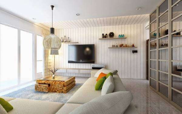 белый диван в интерьере гостиной в стиле хай тек