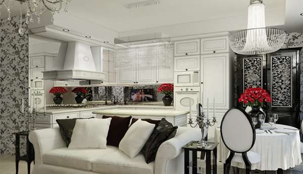 чёрно-белая мебель в современной гостиной